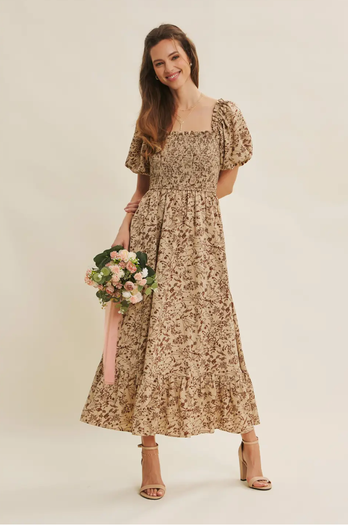 Paloma Midi Smock Dress in Soft Camel | REVIVAL