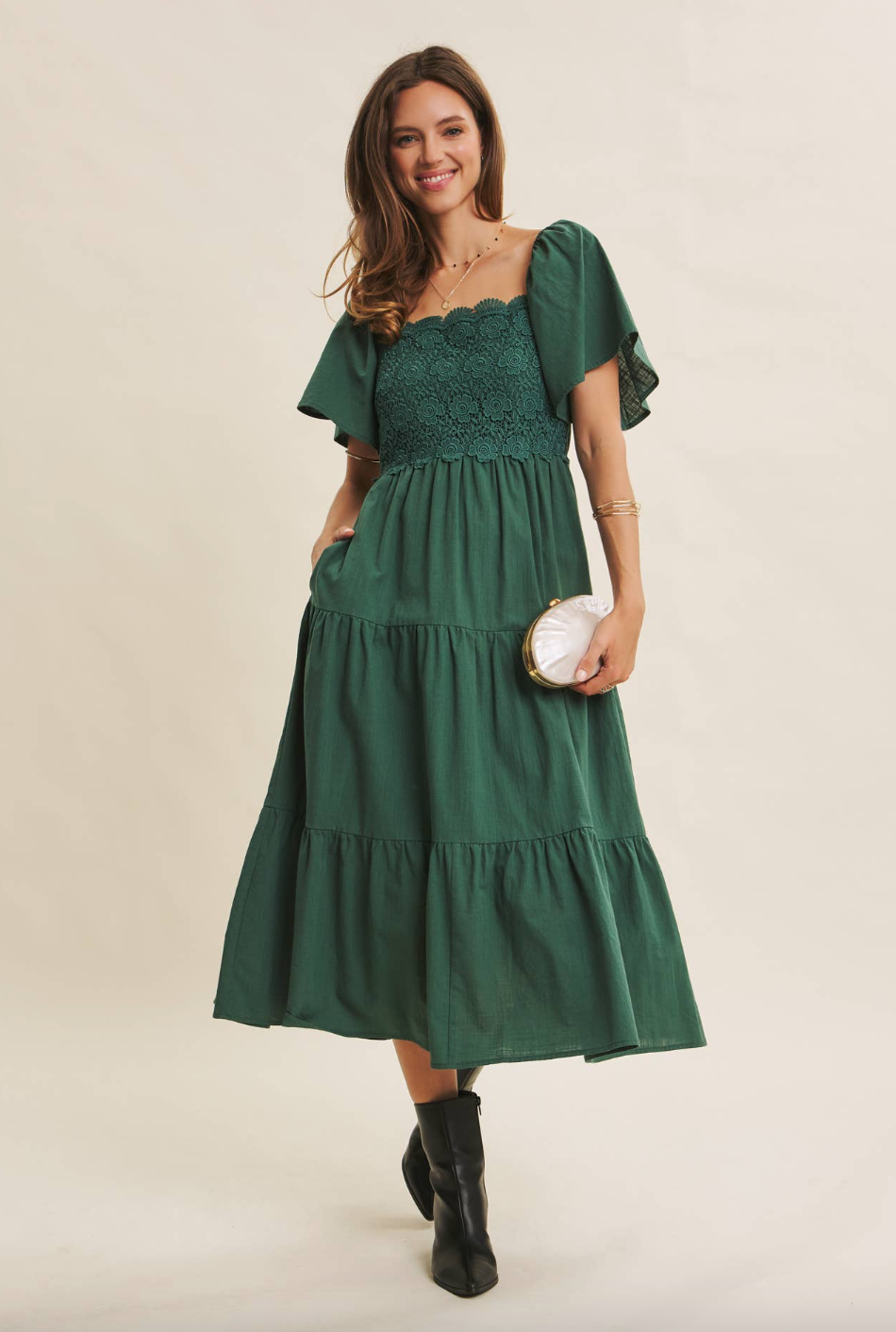 green emerald velvet dress Piper Dark Khaki Cotton Midi Smock Dress – Finery London main image 0
